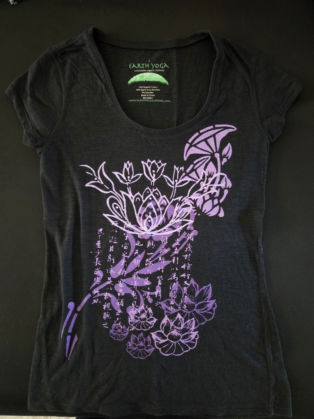 Earth Yoga Black Short Sleeve Scoop Neck Tee with Lavender Floral Lotus Print - Picture 2 of 4